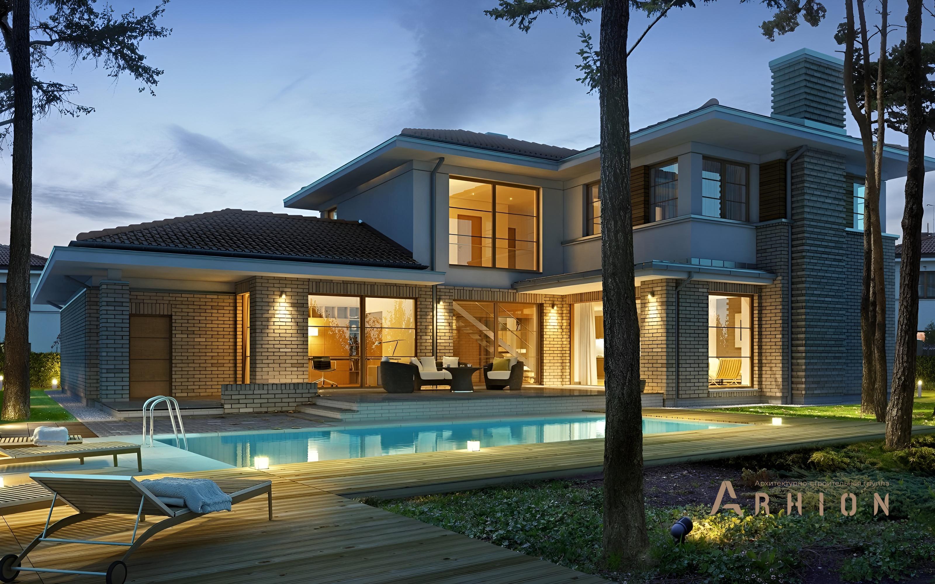 3. Проект двухэтажного дома в стиле Ллойда Райта (прерий) с четырехскатной, BY-12, площадью - 252 кв c балконом, гаражом